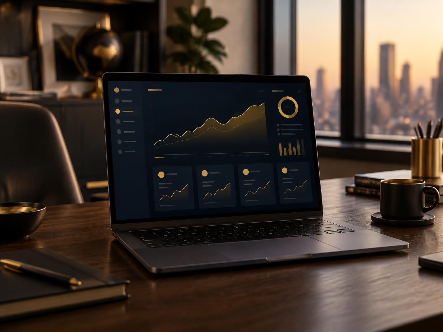 Laptop showing a navy and gold monthly marketing report dashboard