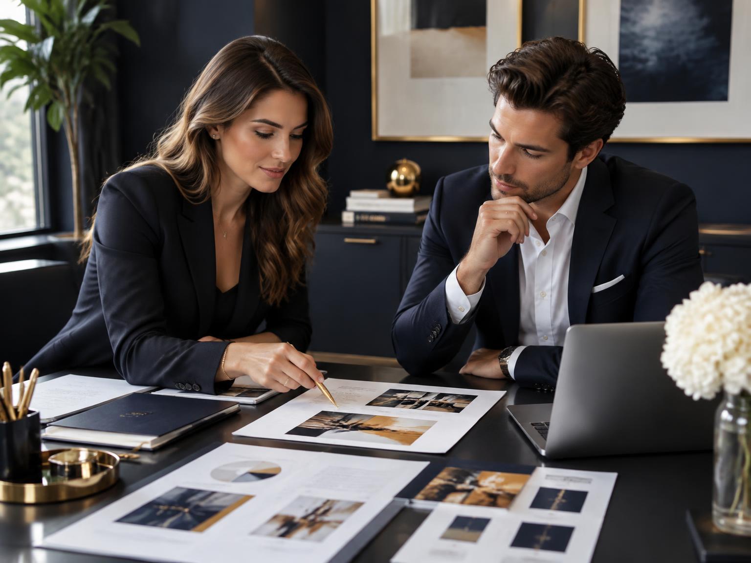 Strategist reviewing a custom marketing plan with a business owner
