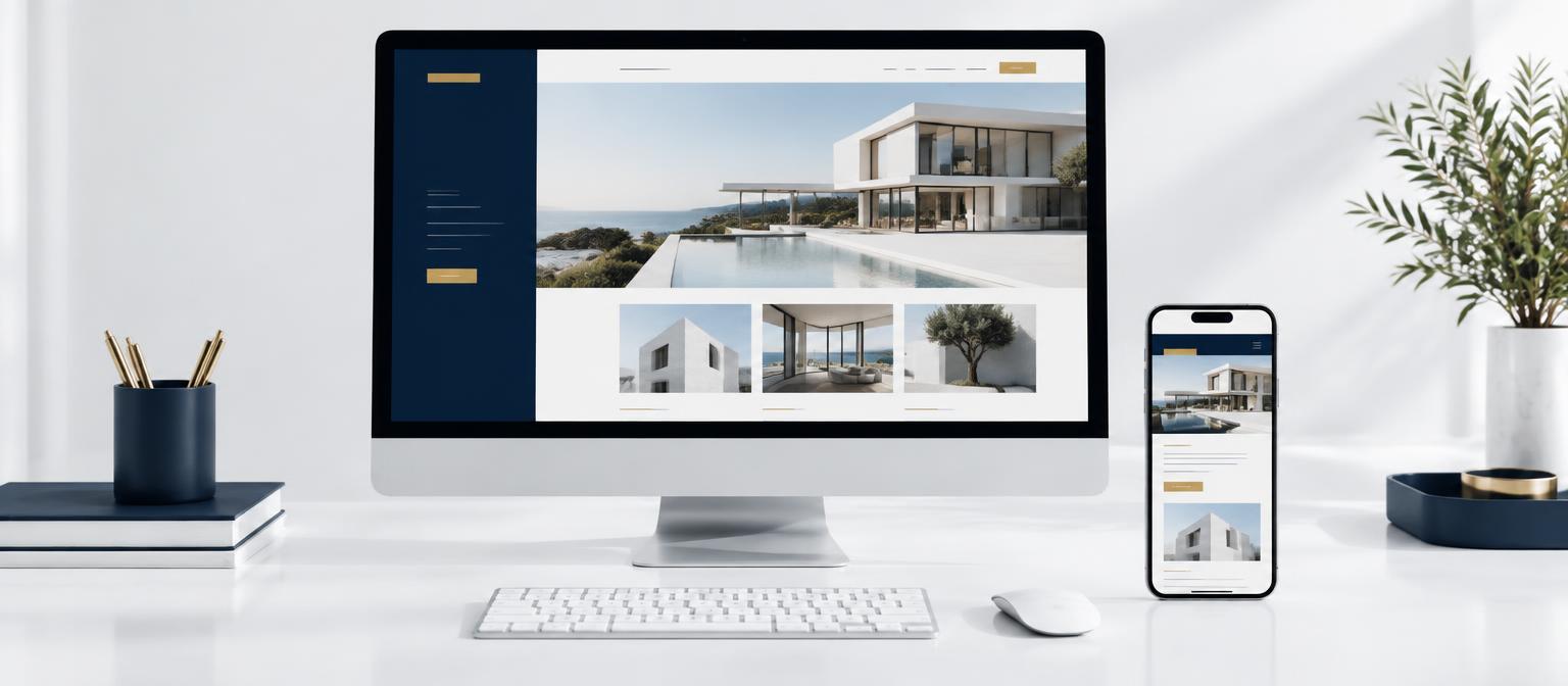 Illustrative navy-and-gold architecture website shown on a desktop monitor and phone